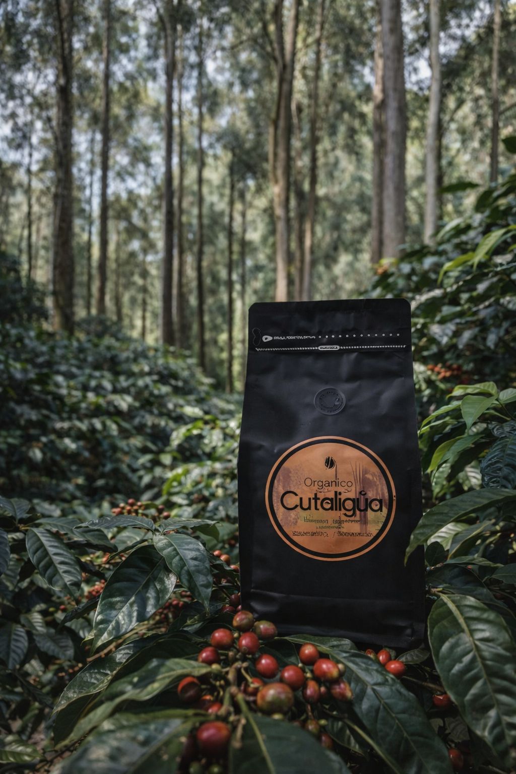 Empaque negro de Café Orgánico Cutaligua sobre plantas de café con frutos rojos